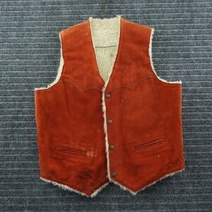 Vintage 50s Suede Western Vest Mens Large Burnt Orange Faux Shearling Lined